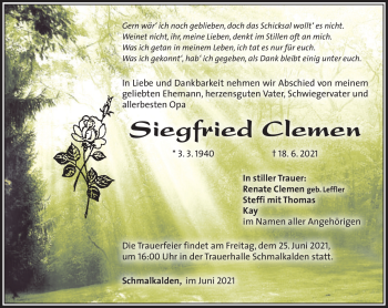 Traueranzeige von Siegfried Clemen von Südthüringer Presse