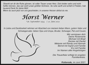 Traueranzeige von Horst Werner von Südthüringer Presse