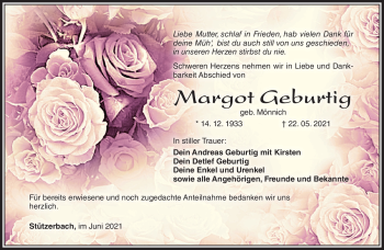 Traueranzeige von Margot Geburtig von Südthüringer Presse