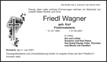 Traueranzeige von Friedl Wagner von Neue Presse Coburg