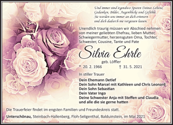 Traueranzeige von Silvia Ehrle von Südthüringer Presse
