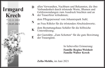 Traueranzeige von Irmgard Krech von Südthüringer Presse