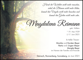 Traueranzeige von Magdalena Reimann von Südthüringer Presse