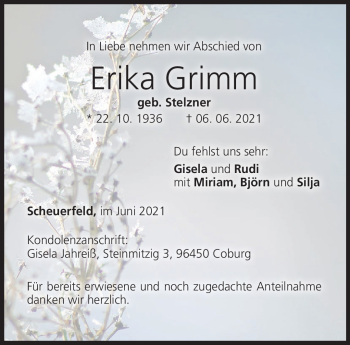 Traueranzeige von Erika Grimm von Neue Presse Coburg