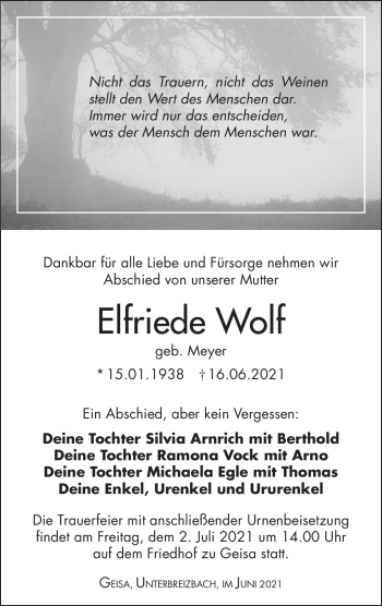 Traueranzeige von Elfriede Wolf von Südthüringer Presse
