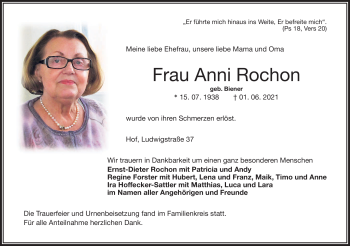 Traueranzeige von Anni Rochon von Frankenpost