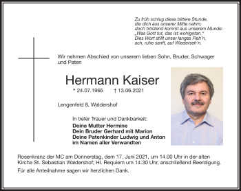 Traueranzeige von Hermann Kaiser von Frankenpost