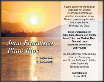 Traueranzeige von Juan Francisco Pinto Rios von Südthüringer Presse