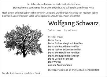 Traueranzeige von Wolfgang Schwarz von Frankenpost
