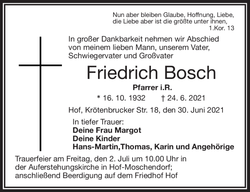 Traueranzeige für Friedrich Bosch vom 30.06.2021 aus Frankenpost