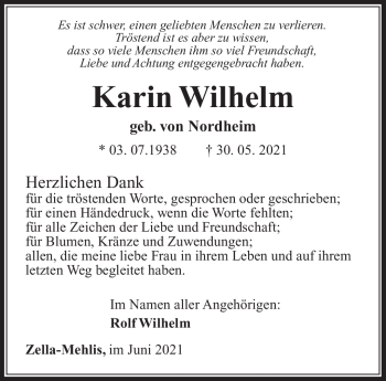 Traueranzeige von Karin Wilhelm von Südthüringer Presse