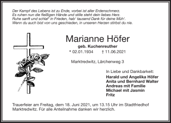 Traueranzeige von Marianne Höfer von Frankenpost
