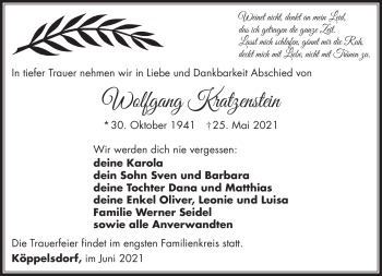 Traueranzeige von Wolfgang Kratzenstein von Südthüringer Presse