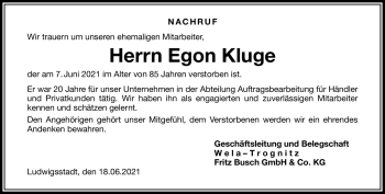 Traueranzeige von Egon Kluge von Neue Presse Coburg