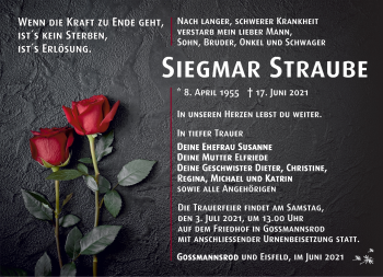 Traueranzeige von Siegmar Straube von Südthüringer Presse