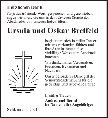 Traueranzeige von OskarUrsula BretfeldBretfeld von Südthüringer Presse