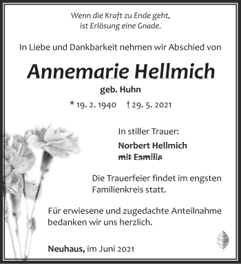 Traueranzeige von Annemarie Hellmich von Südthüringer Presse
