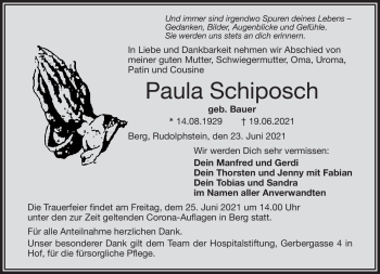 Traueranzeige von Paula Schiposch von Frankenpost