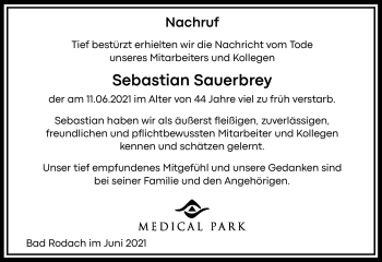 Traueranzeige von Sebastian Sauerbrey von Südthüringer Presse