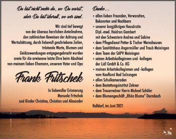 Traueranzeige von Frank Fritschek von Südthüringer Presse