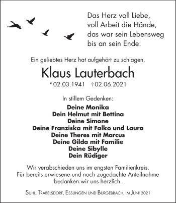 Traueranzeige von Klaus Lauterbach von Südthüringer Presse