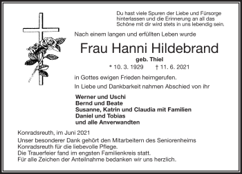 Traueranzeige von Hanni Hildebrand von Frankenpost