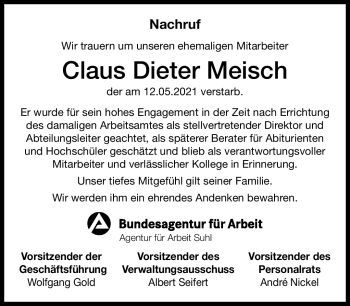 Traueranzeige von Claus Dieter Meisch von Südthüringer Presse