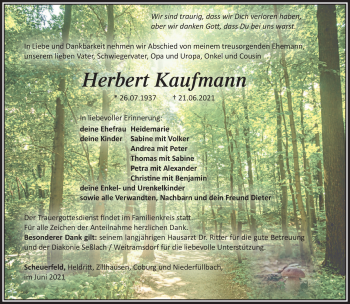 Traueranzeige von Herbert Kaufmann von Südthüringer Presse