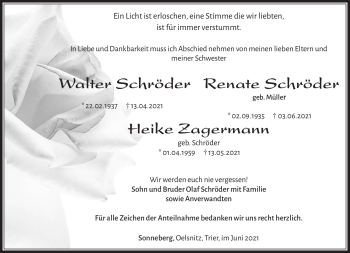 Traueranzeige von HeikeWalterRenate ZagermannSchröderSchröder von Südthüringer Presse