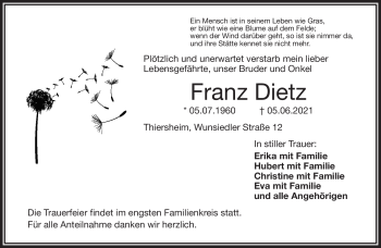 Traueranzeige von Franz Dietz von Frankenpost