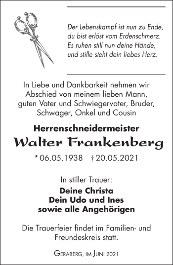 Traueranzeige von Walter Frankenberg von Südthüringer Presse