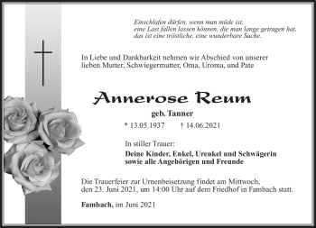 Traueranzeige von Annerose Reum von Südthüringer Presse