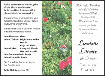 Traueranzeige von Lieselotte Littwitz von Südthüringer Presse