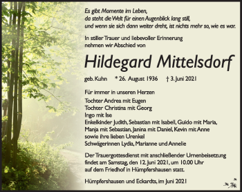 Traueranzeige von Hildegard Mittelsdorf von Südthüringer Presse