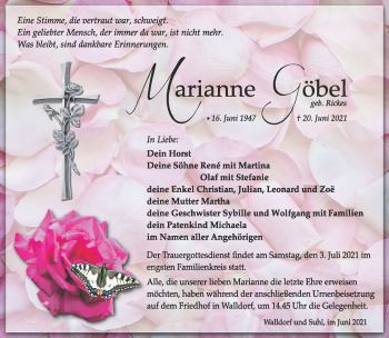 Traueranzeige von Marianne Göbel von Südthüringer Presse