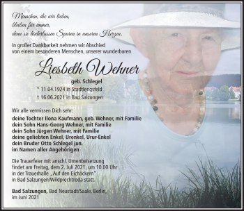 Traueranzeige von Liesbeth Wehner von Südthüringer Presse