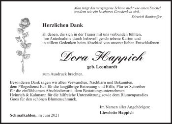 Traueranzeige von Dora Happich von Südthüringer Presse