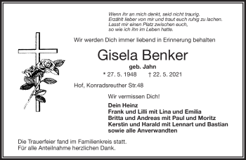 Traueranzeige von Gisela Benker von Frankenpost