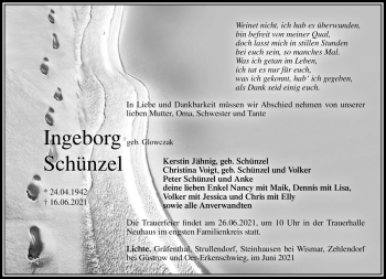 Traueranzeige von Ingeborg Schünzel von Südthüringer Presse