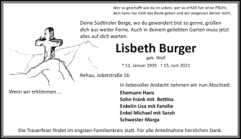 Traueranzeige von Lisbeth Burger von Frankenpost