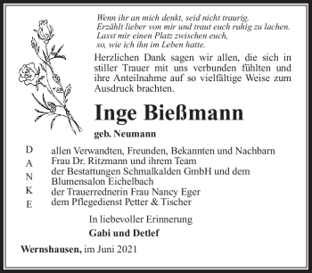 Traueranzeige von Inge Bießmann von Südthüringer Presse