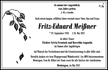 Traueranzeige von Fritz-Eduard Meißner von Südthüringer Presse