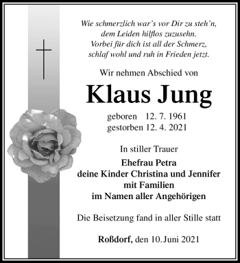 Traueranzeige von Klaus Jung von Südthüringer Presse