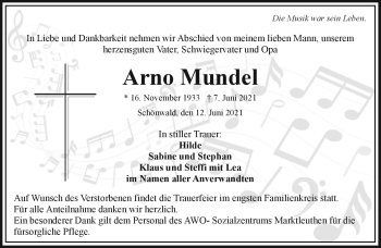 Traueranzeige von Arno Mundel von Frankenpost