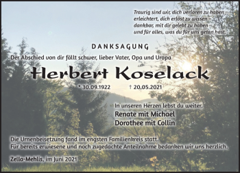 Traueranzeige von Herbert Koselack von Südthüringer Presse