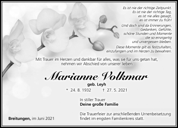 Traueranzeige von Marianne Volkmar von Südthüringer Presse