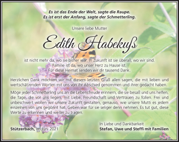 Traueranzeige von Edith Habekuß von Südthüringer Presse