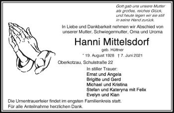 Traueranzeige von Hanni Mittelsdorf von Frankenpost