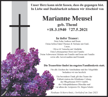 Traueranzeige von Marianne Meusel von Südthüringer Presse