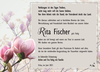 Traueranzeige von Rita Fischer von Südthüringer Presse